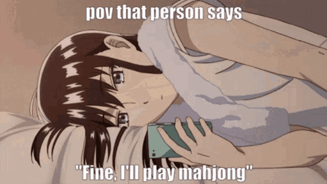 a cartoon of a girl laying on a bed looking at her phone with the caption " pov that person says "