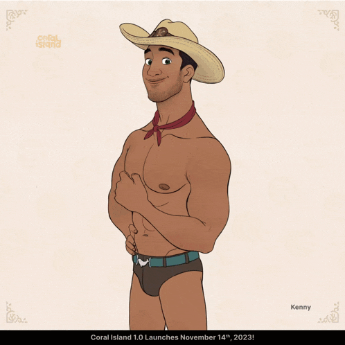 a cartoon of a shirtless cowboy with the words coral island 1.0 launches november 14th 2023