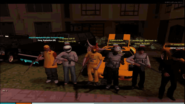 a group of people are standing in front of a yellow car and a building with a screenshot of a video game being played