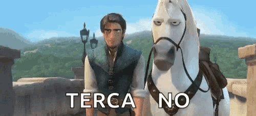 a man standing next to a white horse with the words terca no on the bottom .