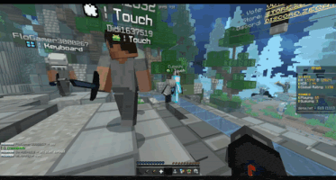 a screenshot of a minecraft game shows a man holding a sword in front of a sign that says touch