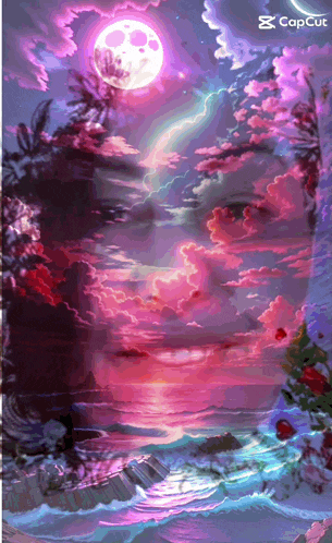 a painting of a woman 's face with a full moon in the sky
