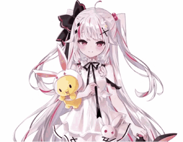 a girl in a white dress holding a stuffed bunny