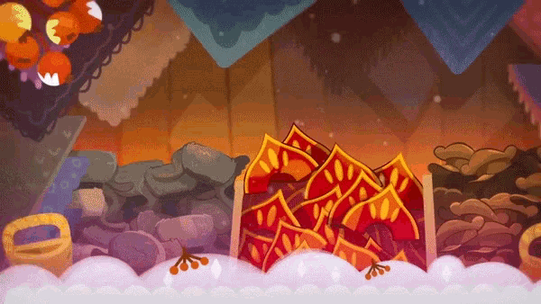 a cartoon scene with a pile of red and yellow pieces