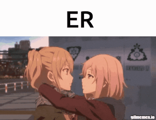 two anime girls are hugging each other with the word er above them