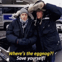 two men are standing next to each other with the words where 's the eggnog save yourself .