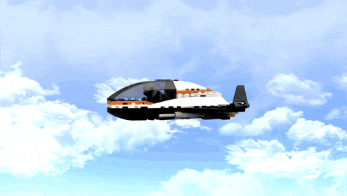 a lego airplane is flying in the sky above a building