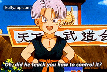 a cartoon character is standing in front of a sign that says ' oh did he teach you how to control it ? '
