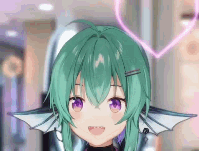 a close up of a girl with green hair and purple eyes with a heart in her hair .
