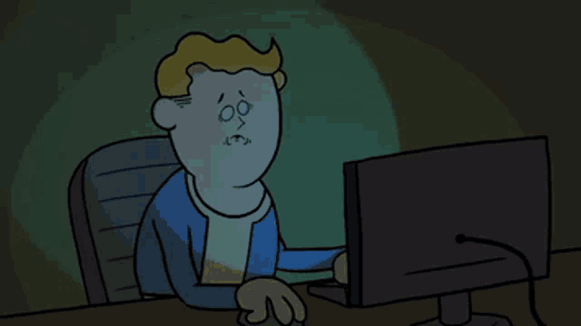a cartoon of a man sitting in front of a computer screen