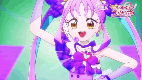 a cartoon girl with purple hair and a heart on her chest is smiling