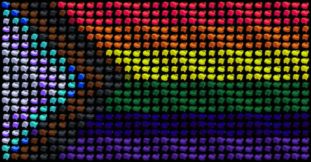 a rainbow of apples are lined up in a row on a black background