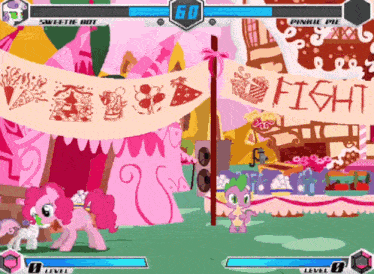a video game with pinkie pie and sweetie nut fighting