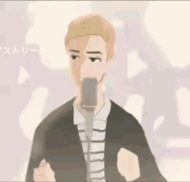 a man is singing into a microphone in a cartoon .