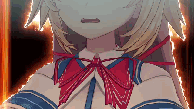 a close up of a blonde anime girl with a red bow on her neck