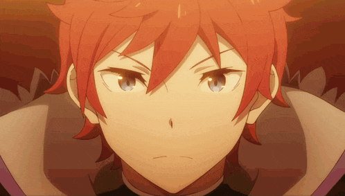 a close up of a anime character with red hair