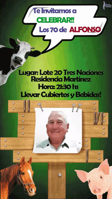 a poster that says te invitamos a celebrar los 70 de alfonso on it