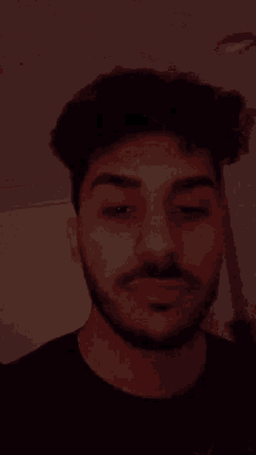 a man with a beard and a black shirt looks at the camera