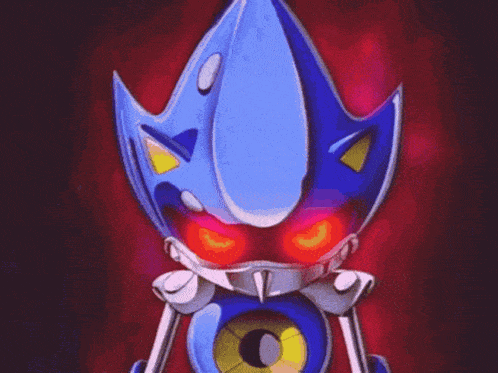 a drawing of a robot with red eyes and a yellow nose