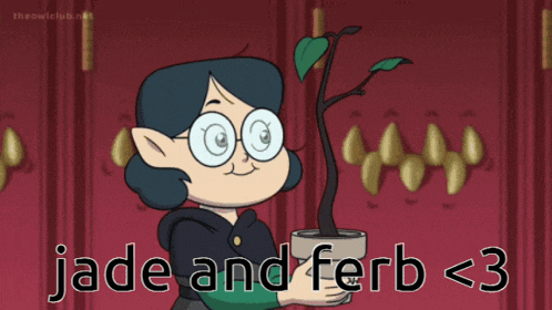 a cartoon of jade and ferb < 3 holding a potted plant