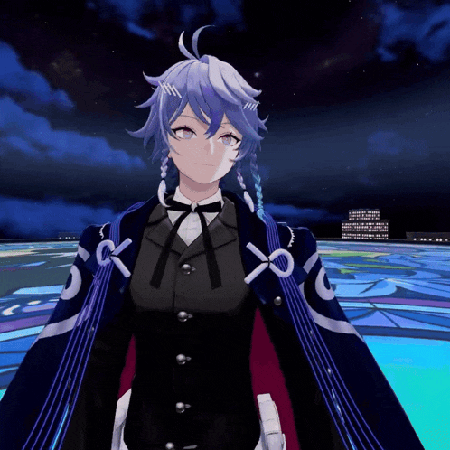 a girl with purple hair is wearing a black jacket with the letter c on the sleeve