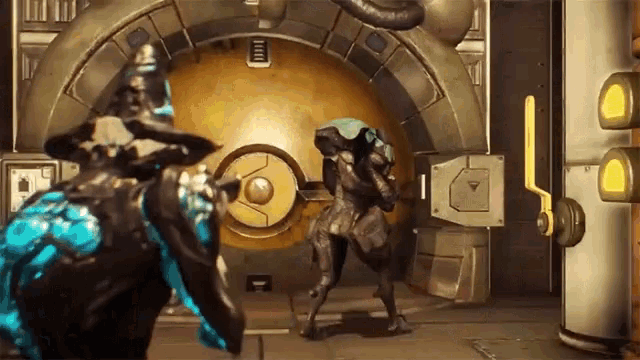a video game character is standing in front of a vault door