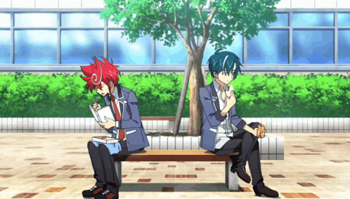 two anime characters sitting on a bench with one reading a book and the other eating a snack