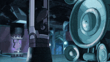 a cartoon drawing of a room with a purple wall and a few circles