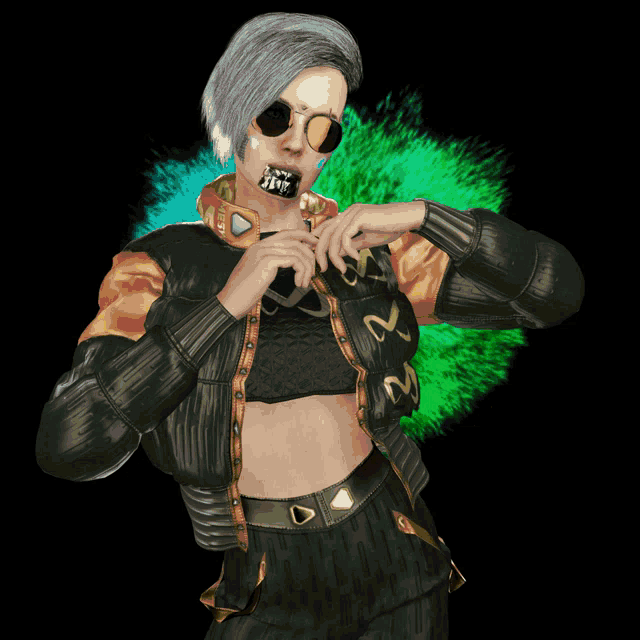 a woman wearing sunglasses and a jacket with the letter a on the sleeve