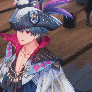 a man with blue hair and a pirate hat