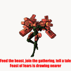 a drawing of a robot with the words feed the beast join the gathering tell a tale