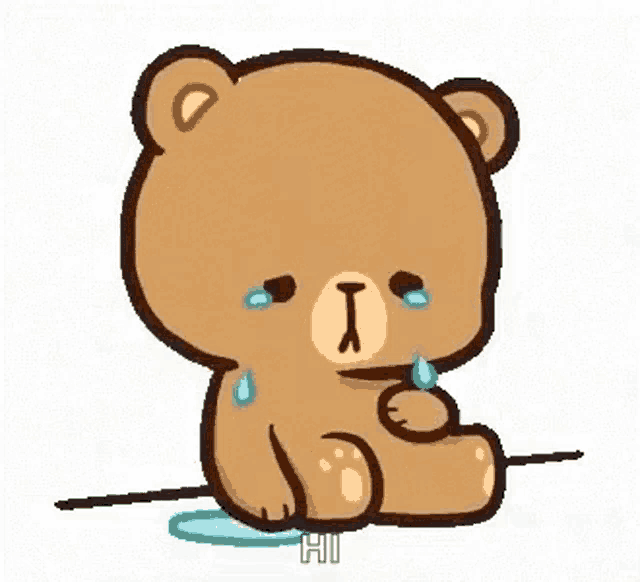 a cartoon teddy bear is sitting on the ground with a water drop on his chest .