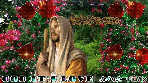a painting of jesus with the words god it 's love