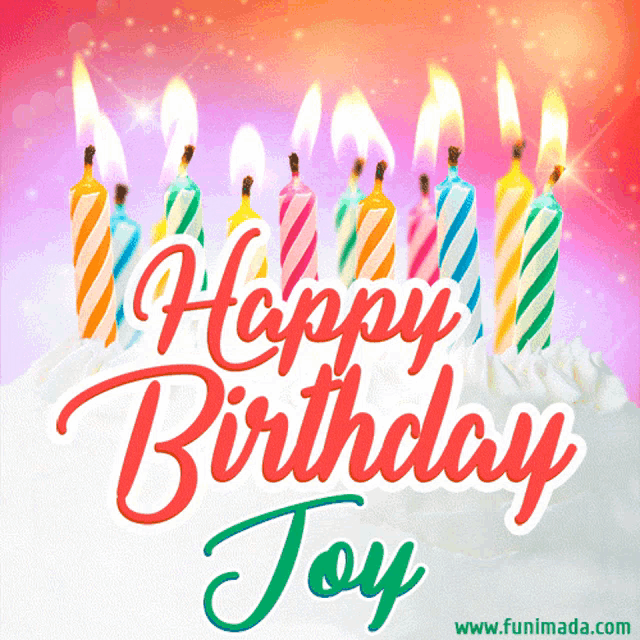 a happy birthday joy greeting card with a cake and candles