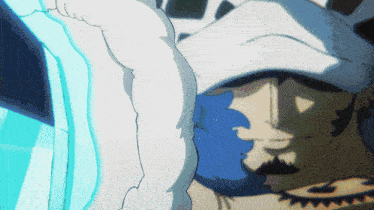a close up of a person 's face with a blue and white background