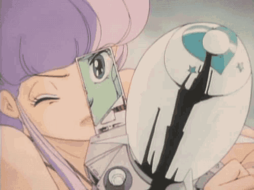 a girl with purple hair is holding a statue of liberty in her hands
