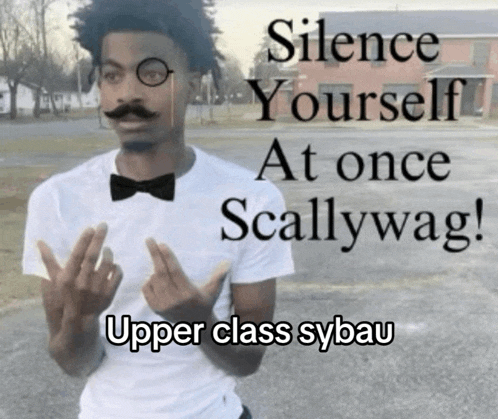 a man wearing glasses and a bow tie is standing in front of a sign that says silence yourself at once scallywag