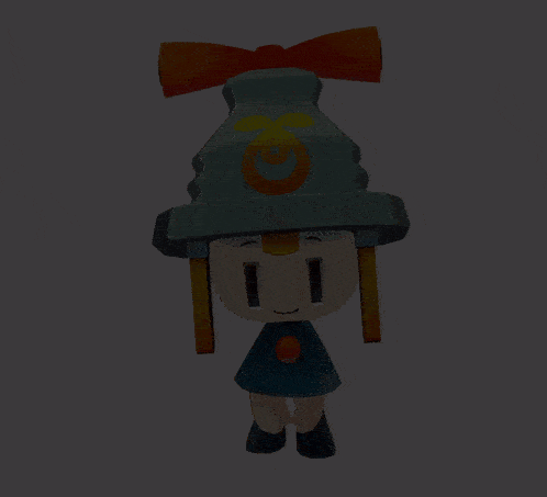 a cartoon character wearing a blue hat with a yellow circle on it