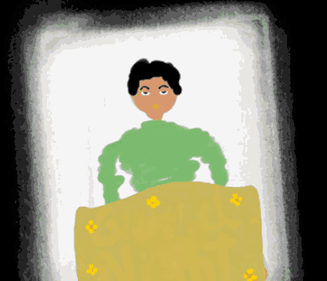 a drawing of a person laying on a bed with yellow flowers on it