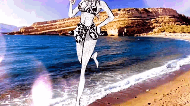 a drawing of a woman in a bikini running on a beach .