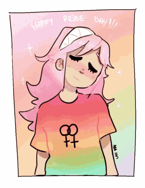 a drawing of a girl wearing a shirt that says " happy pride day !!! "