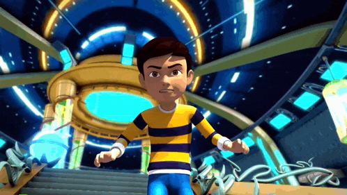 a boy in a yellow and purple striped shirt stands in a room