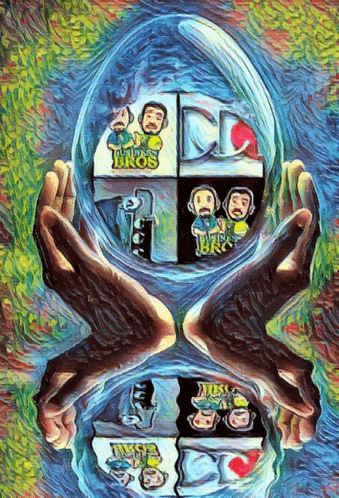 a painting of two hands holding a sphere with a logo for the italo bros