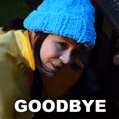 a woman wearing a blue hat says goodbye in white letters
