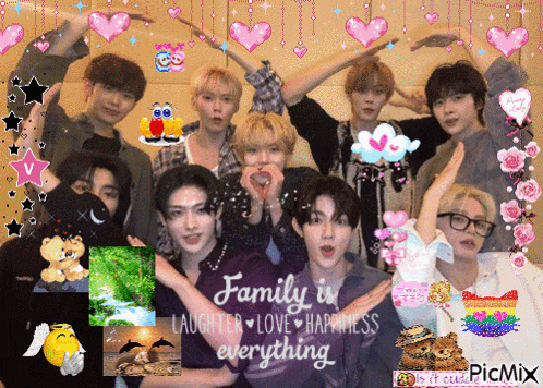 a group of young men posing for a picture with the words family is laughter love happiness everything on the bottom