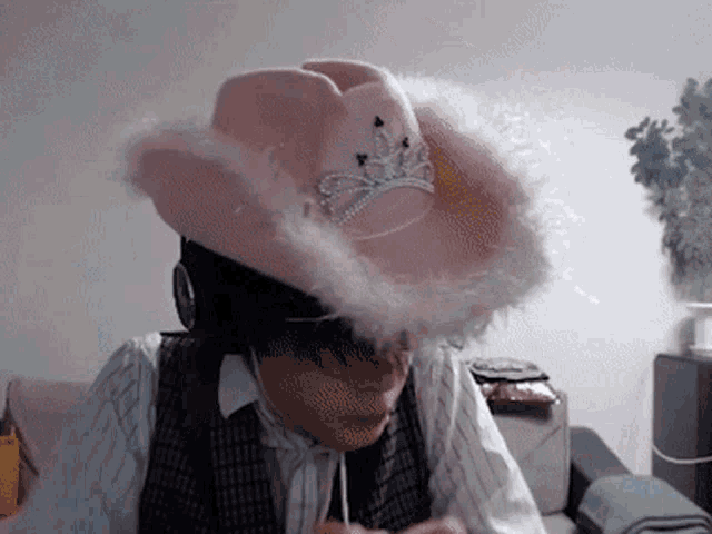 a woman wearing a pink cowboy hat with a tiara on it