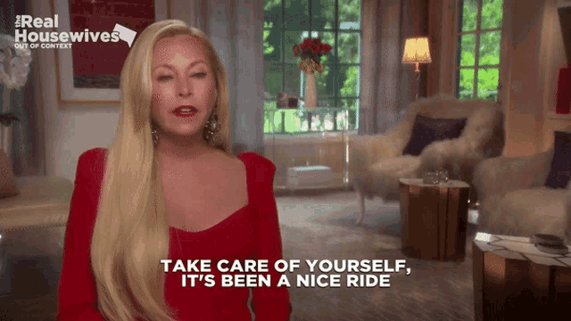 a woman in a red dress is talking about taking care of yourself