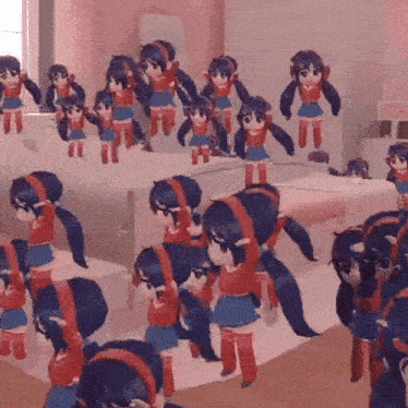 a bunch of dolls are standing in a room