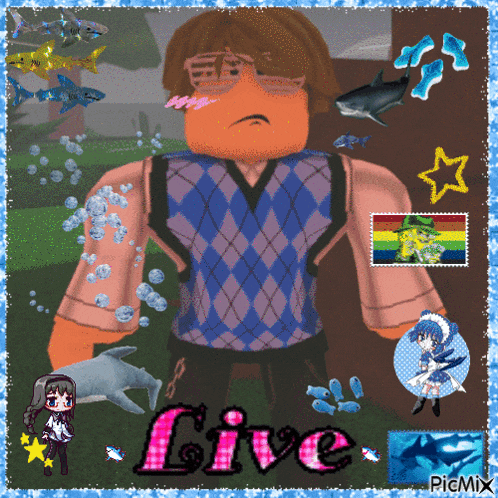 a picture of a roblox character with sharks and the word live