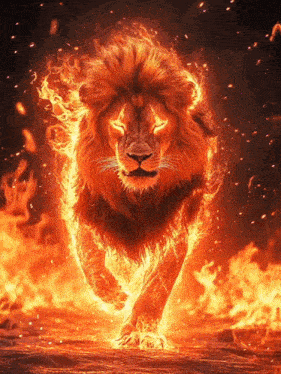 a lion is surrounded by flames and is running in the dark